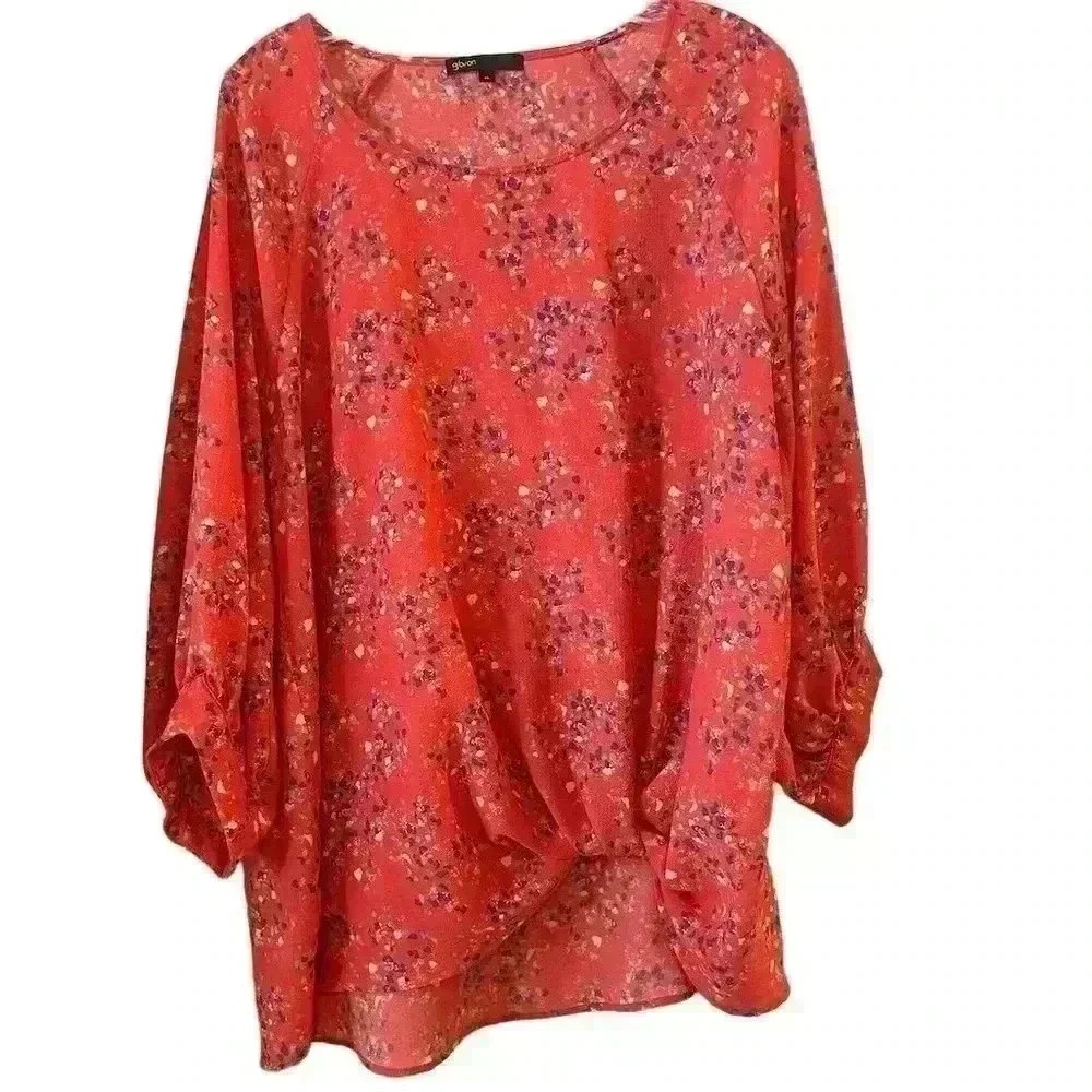 Gibson Women's Floral Print Knot Blouse 3/4 Sleeve Size XL
